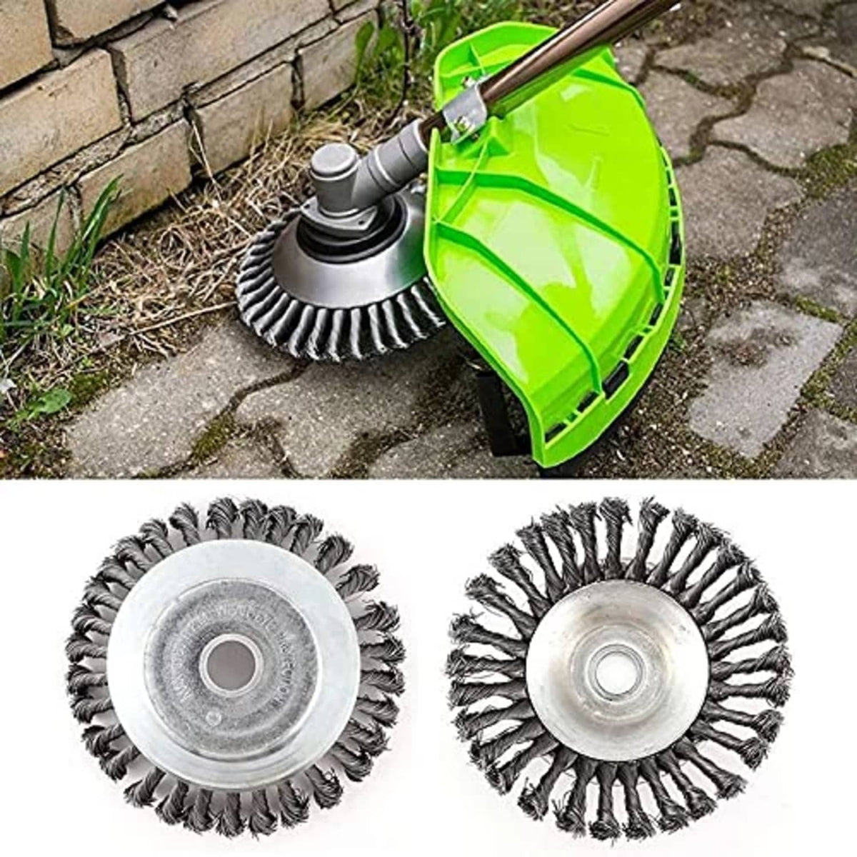 Wire weed brush trimmer head with round metal plate and dense steel bristle wires