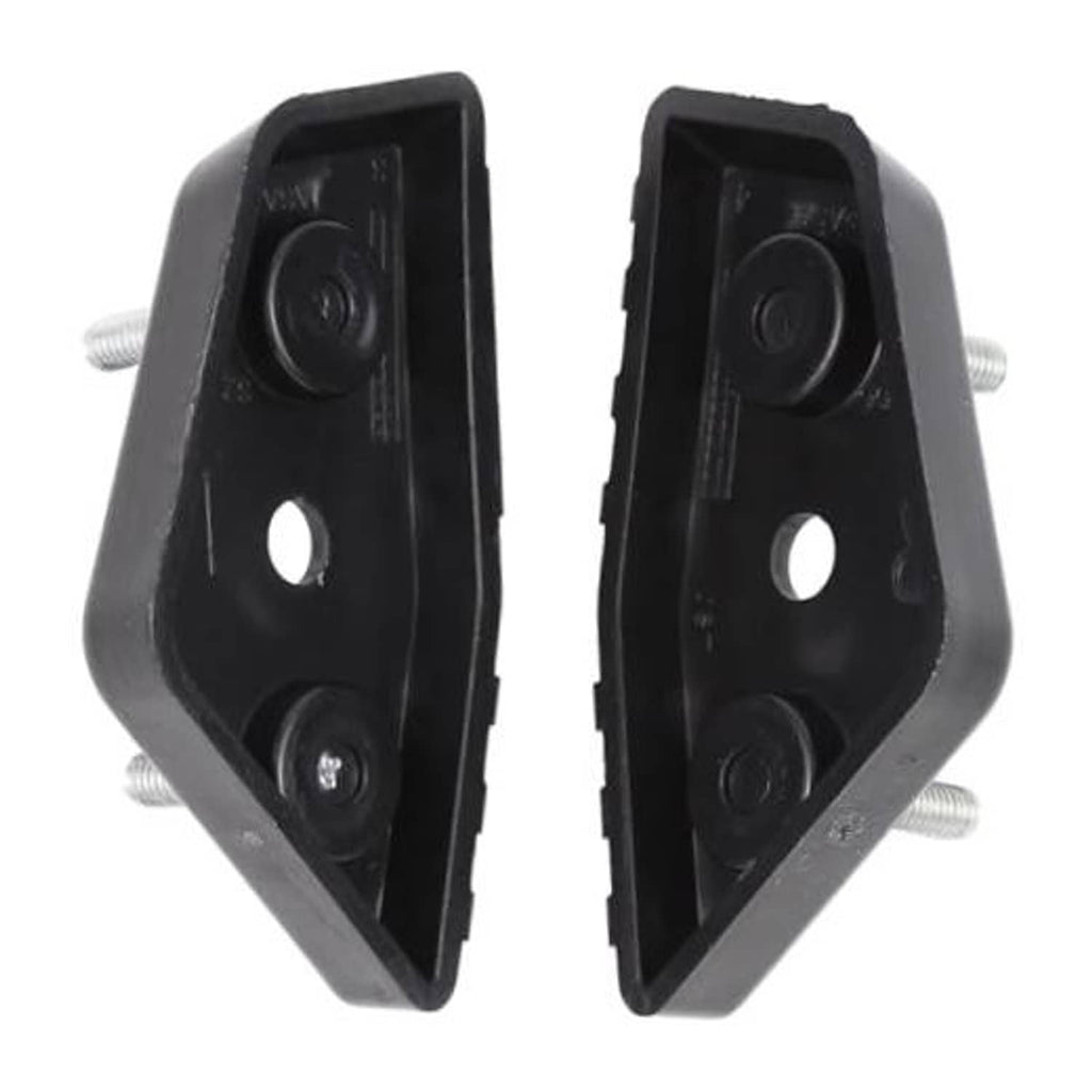 Front bumper support brackets, black plastic pair with screw studs and round mounting holes