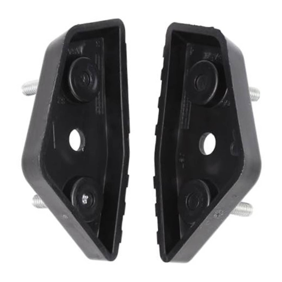 Front bumper support brackets, black plastic pair with screw studs and round mounting holes