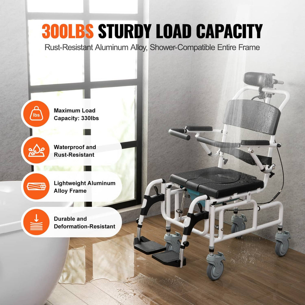 Shower wheelchair with black seat and backrest, blue support panel, and caster wheels