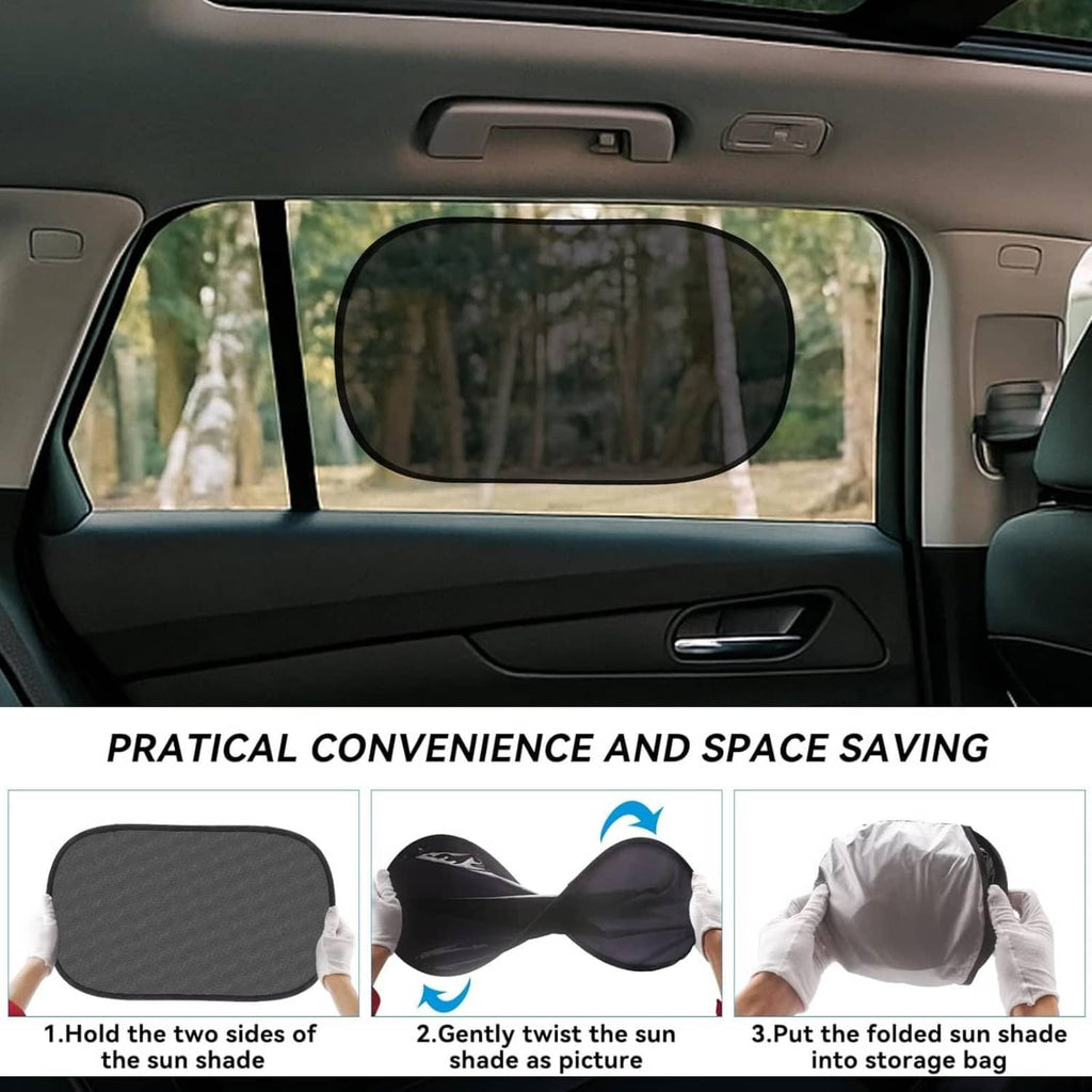 Black oval sun shade covering the car side window, static-cling style.