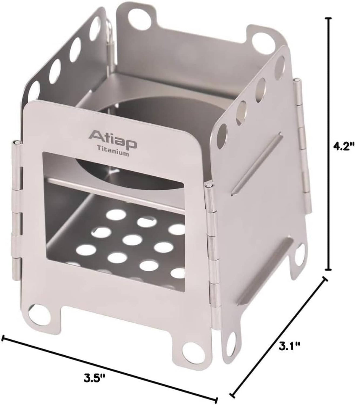 Foldable titanium stove with open cooking area and side wind shields, compact size