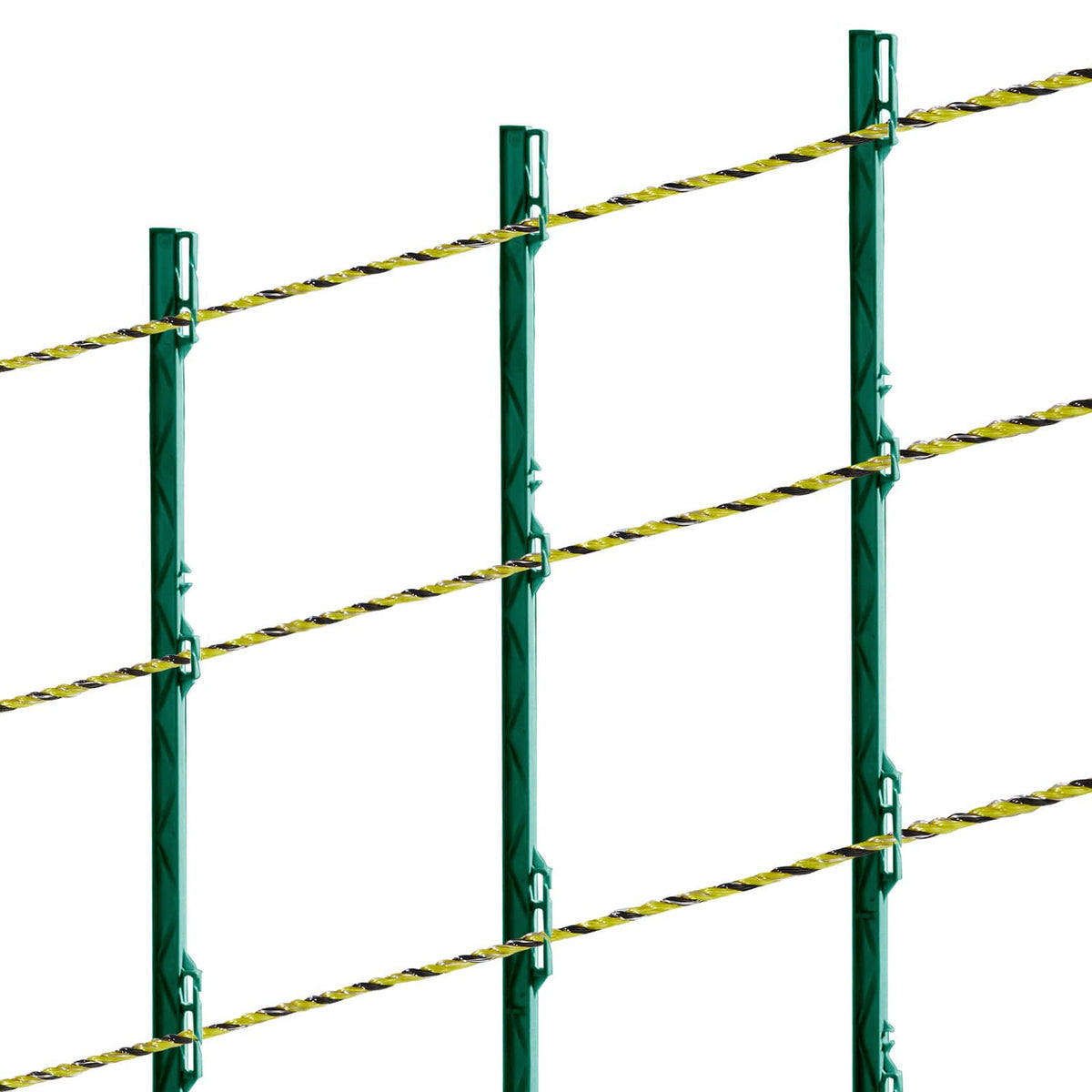 Electric fence wire grid with twisted yellow-and-black strands on green metal posts