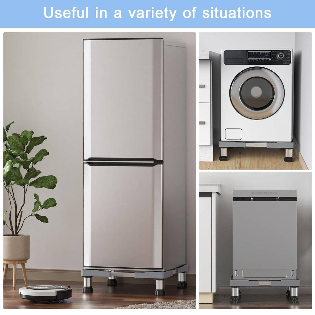 Gray mini fridge stand installed under small appliances on four height-adjustable legs