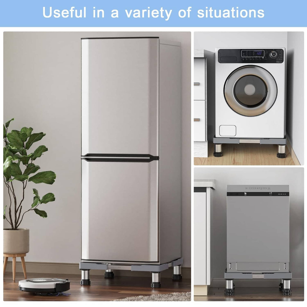 Gray mini fridge stand installed under small appliances on four height-adjustable legs