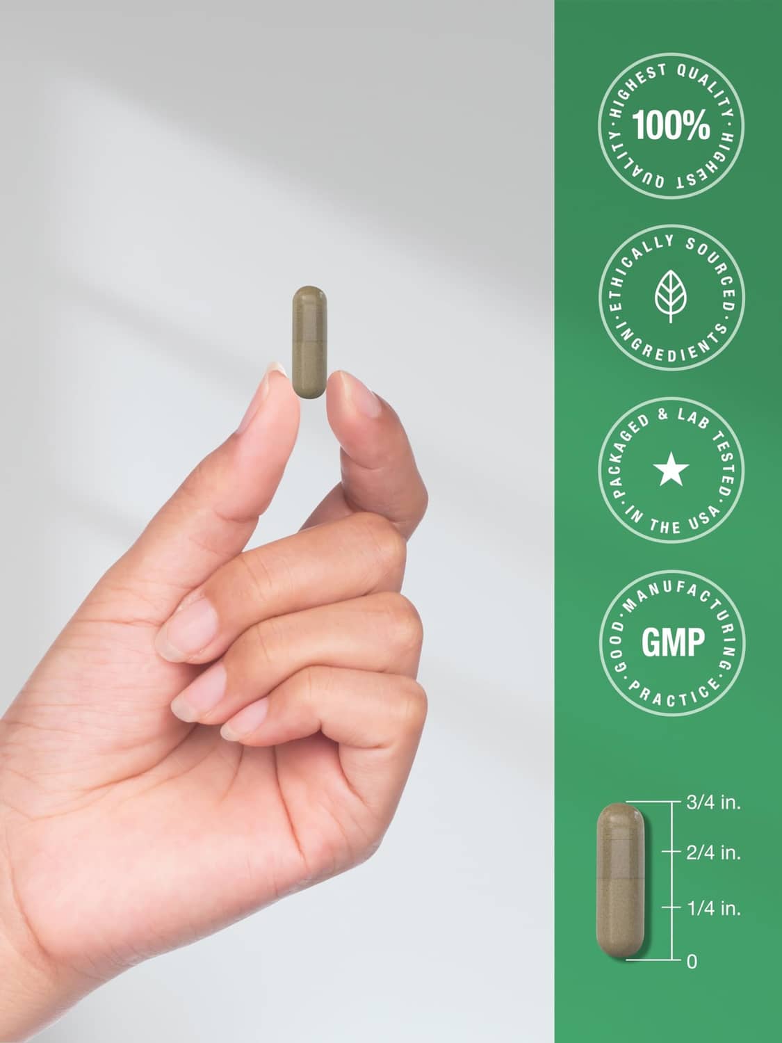 Fenugreek supplement bottle with hand holding a single capsule