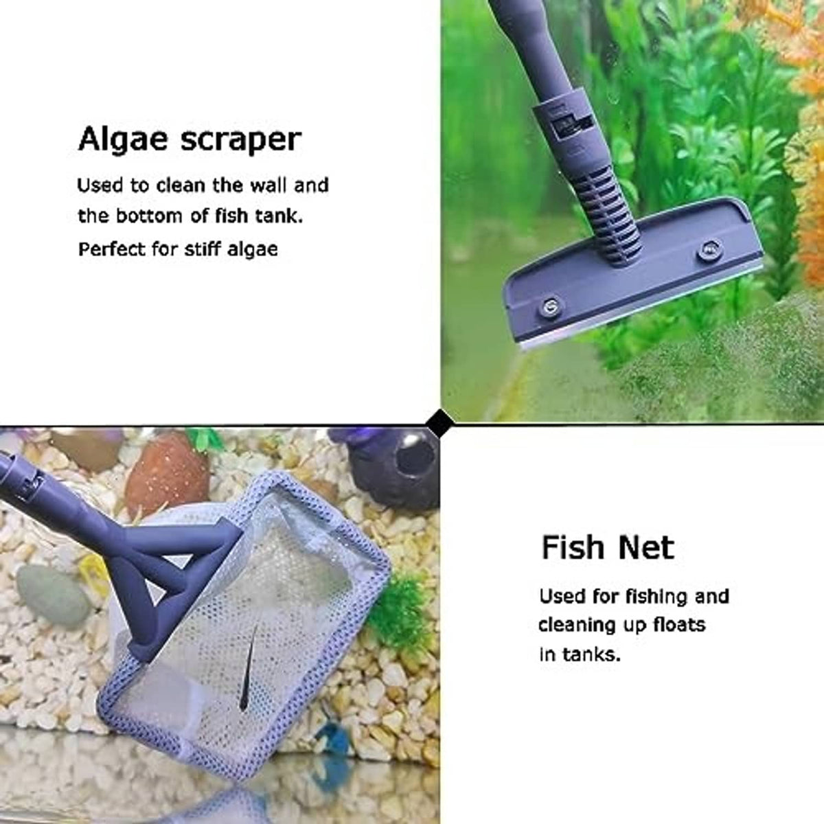 Fish tank cleaning tools with algae scraper and fine mesh fish net with handle