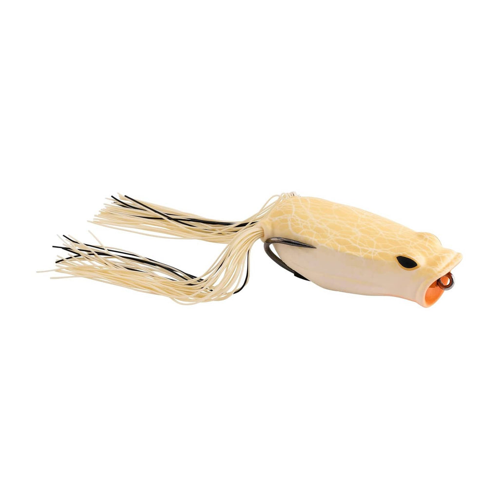 Soft frog popping fishing lure with tan body, cream skirt, and two hook points