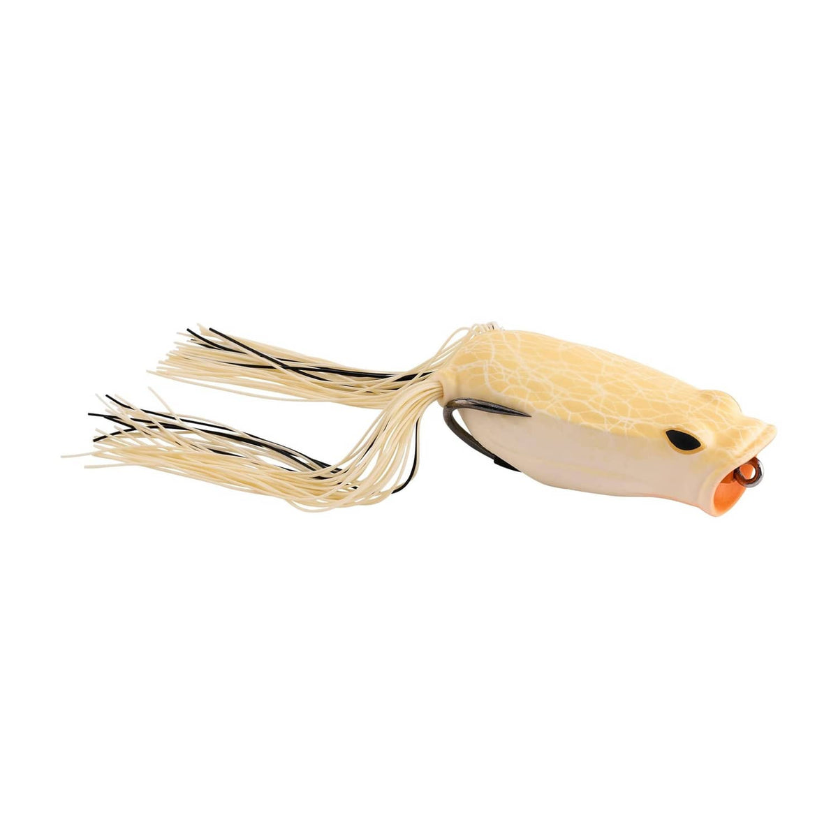 Soft frog popping fishing lure with tan body, cream skirt, and two hook points