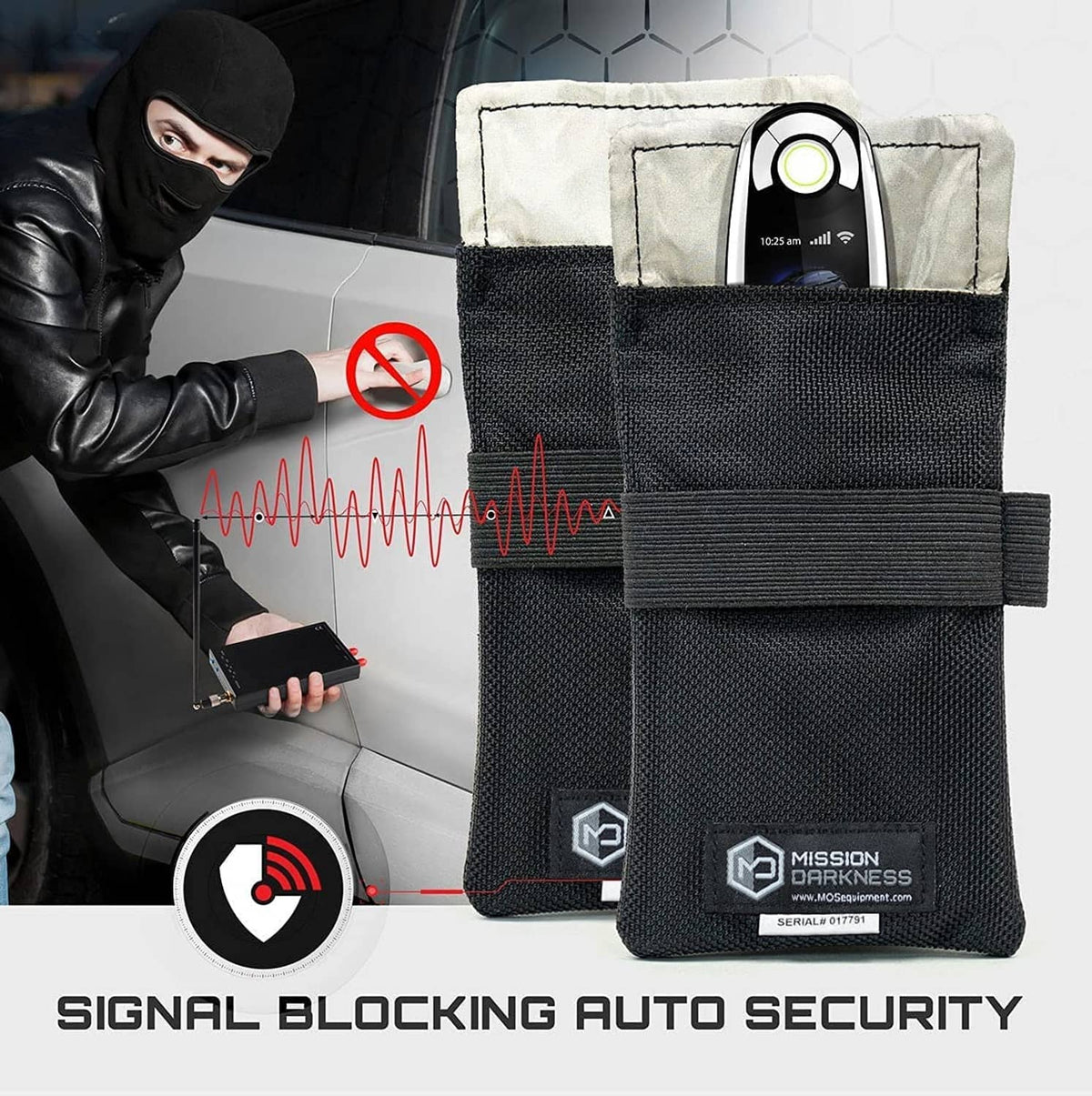 Black Faraday key fob bag with Velcro strap, key fob secured in front pocket