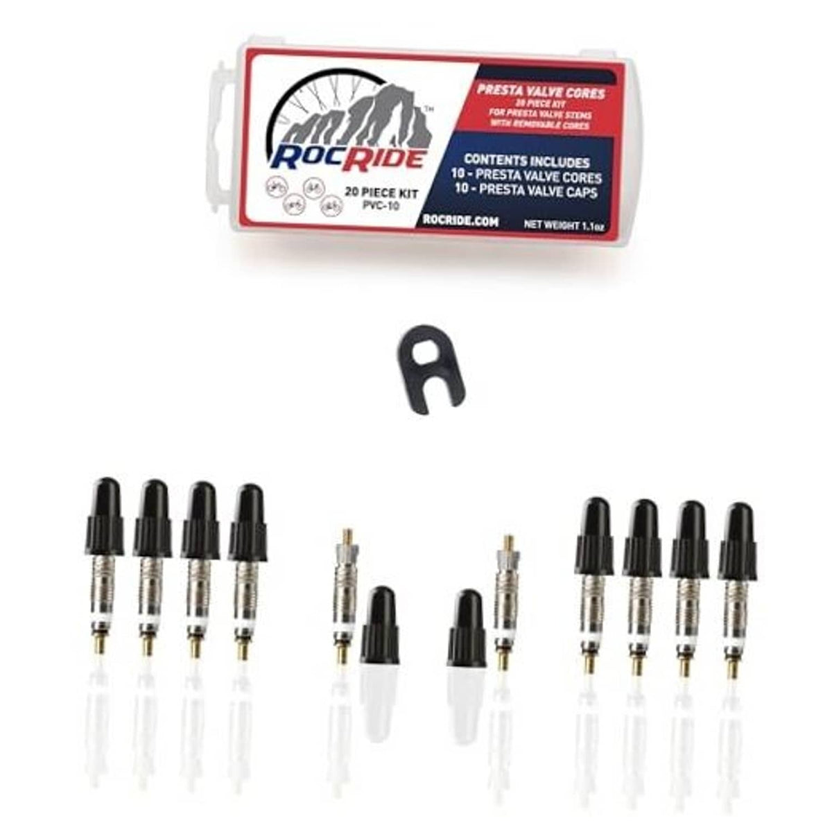 Presta valve cores kit with removal tool, 10 cores and 10 caps for tubeless tires.