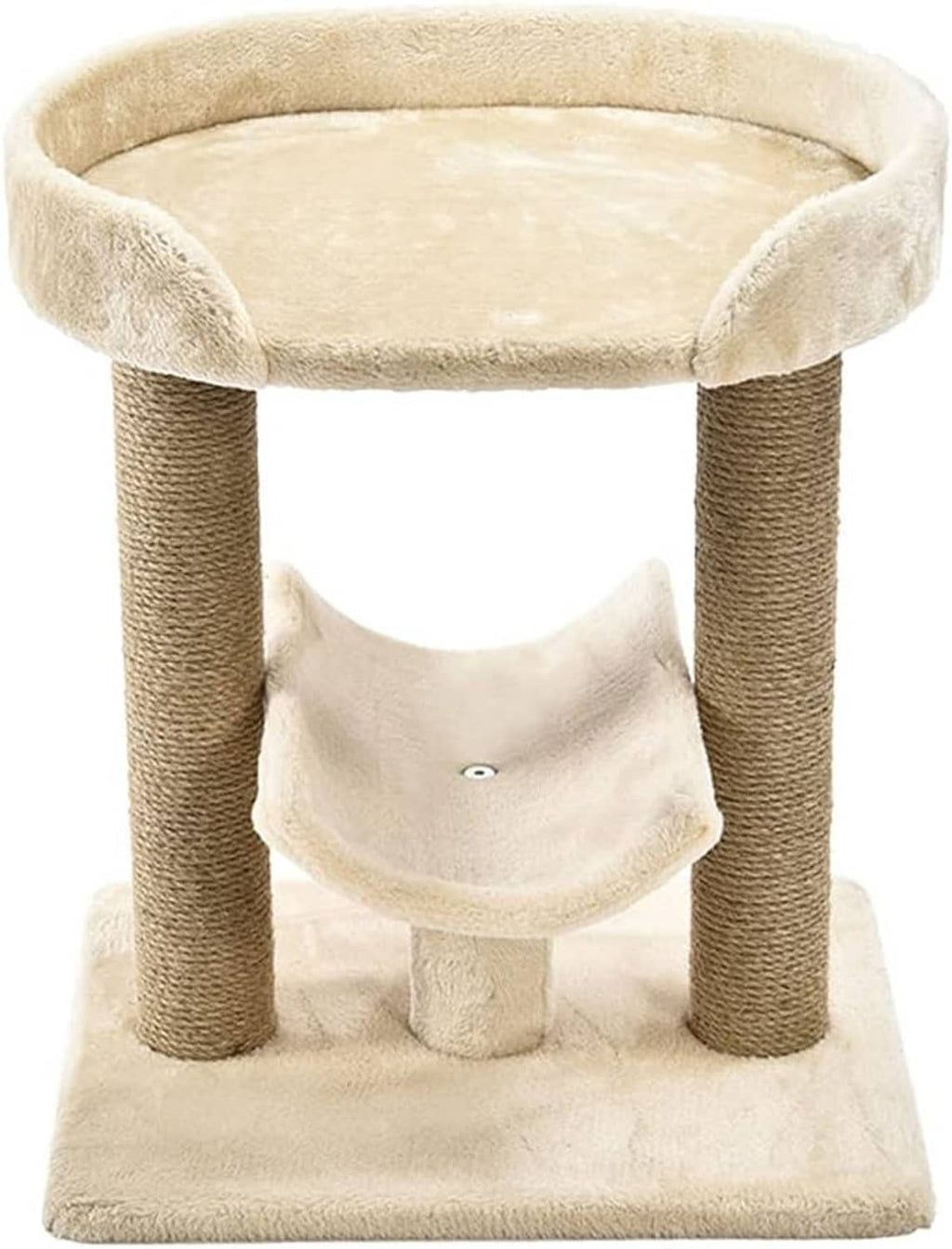 Multi-level cat tree with round top bed, cream hammock, and two sisal scratching posts