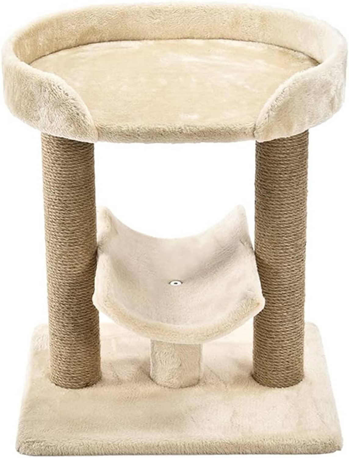Multi-level cat tree with round top bed, cream hammock, and two sisal scratching posts