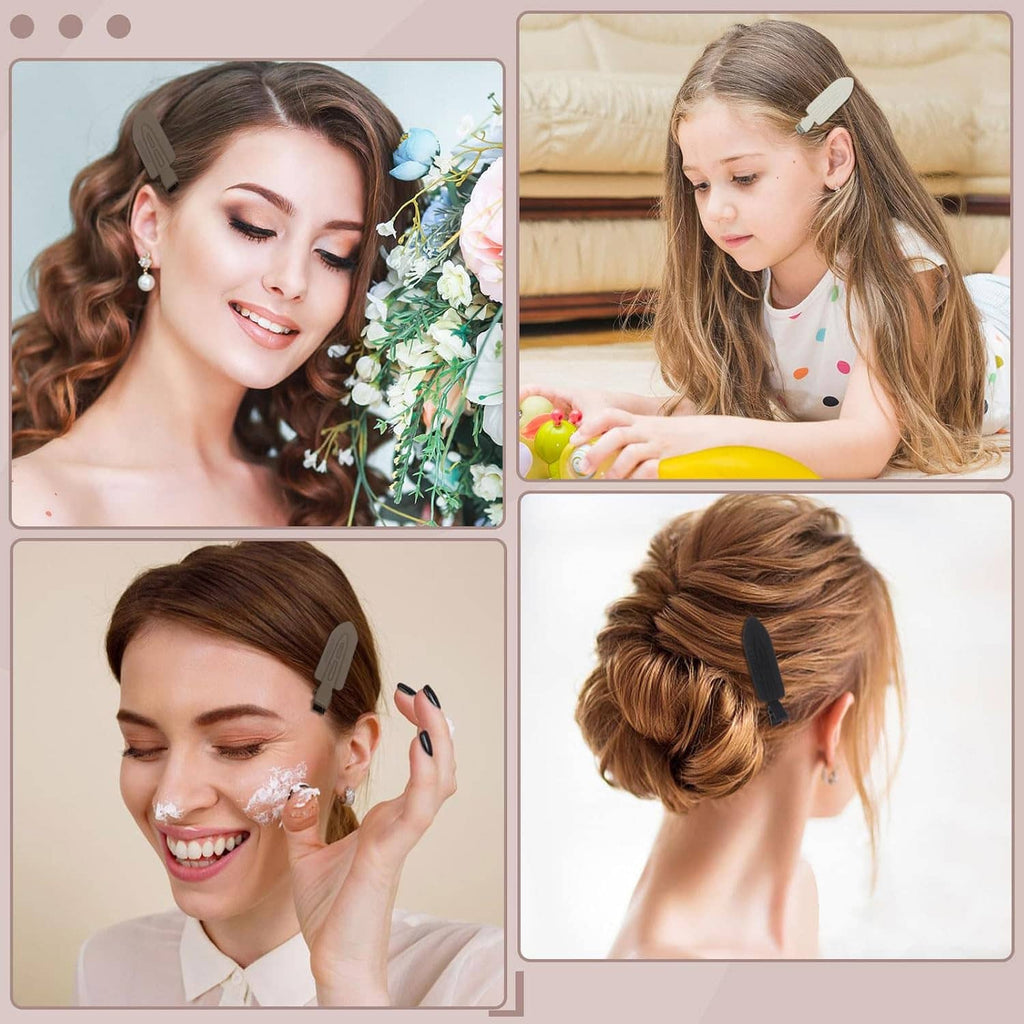 No-bend hair clip set shown in styling: clips on hair in brown and black