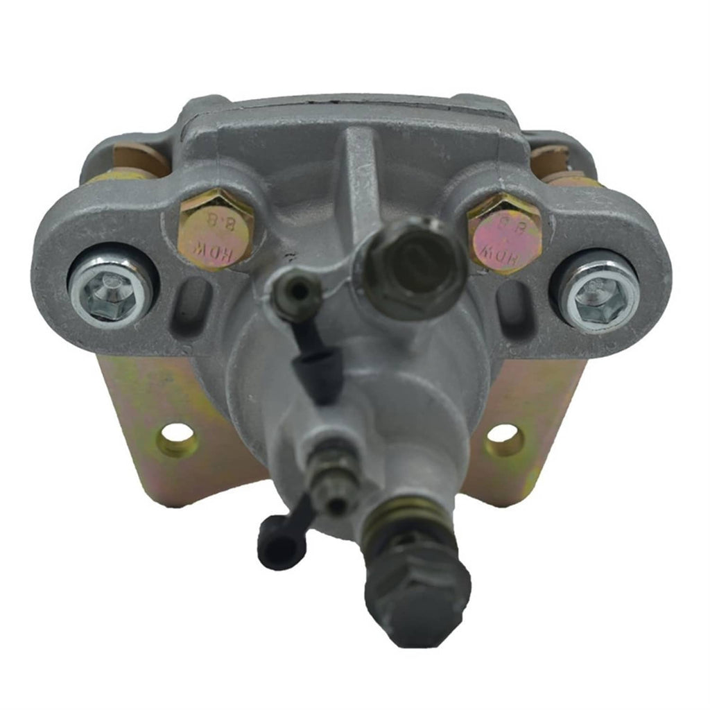 Rear brake master caliper front view with gray housing, fittings, and mounting bolt holes