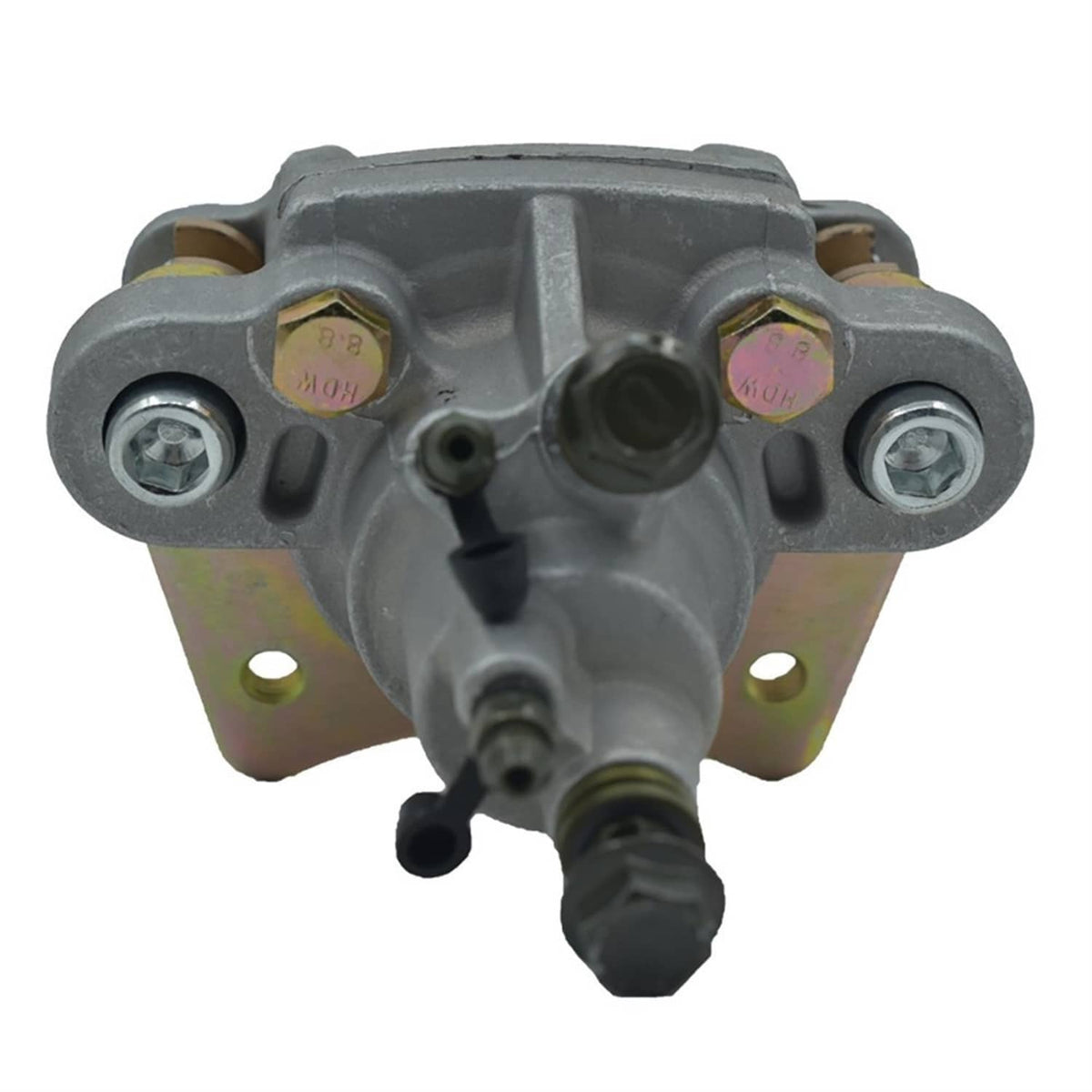 Rear brake master caliper front view with gray housing, fittings, and mounting bolt holes