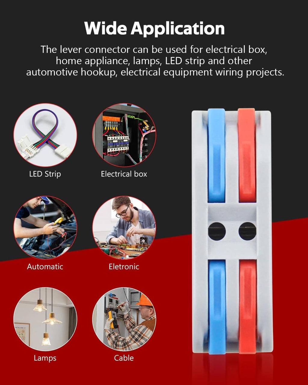 Gray dual-port lever wire connector with red and blue levers for wiring projects