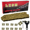 Gold motorcycle drive chain, 132 links, with chain breaker and master link