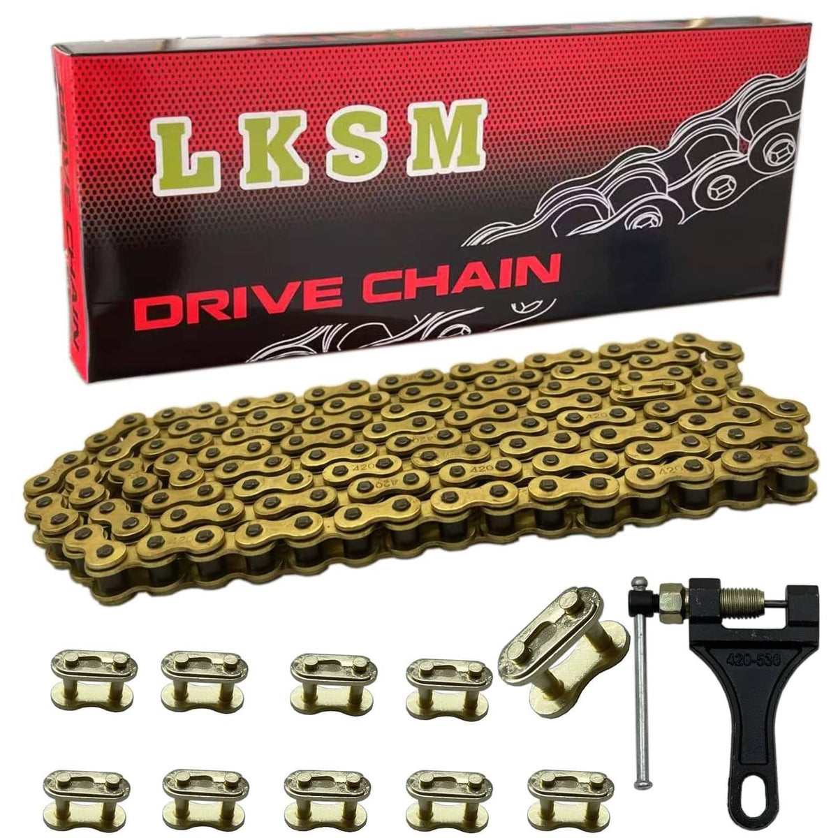Gold motorcycle drive chain, 132 links, with chain breaker and master link
