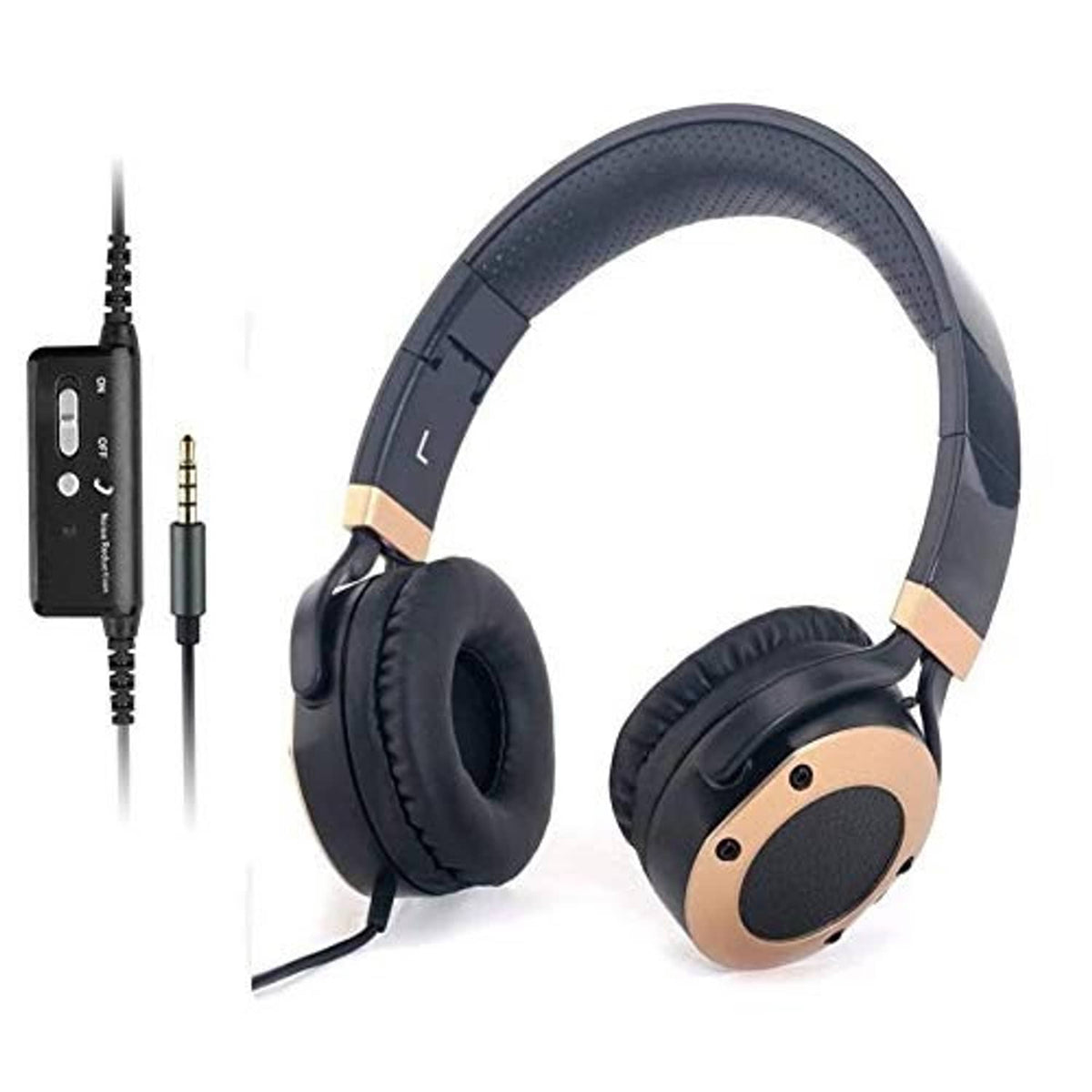 Over-ear black headphones with microphone and dual audio plug adapter cables