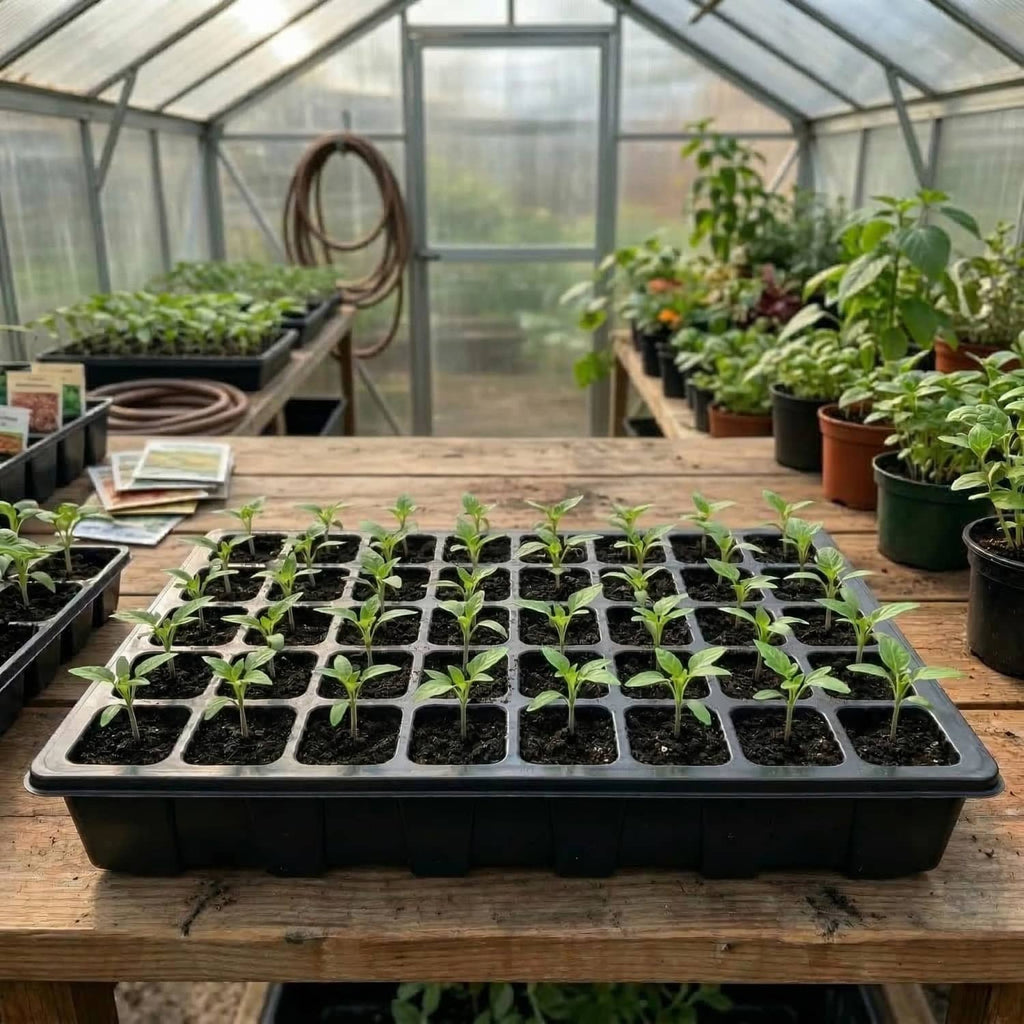 Black seed starter tray with seedlings under a clear greenhouse setup