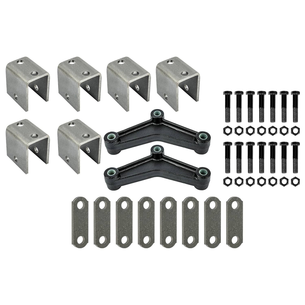 Leaf spring hanger kit with two black U-links, gray brackets, bolts, and mounting plates