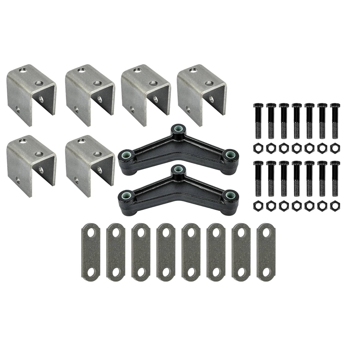 Leaf spring hanger kit with two black U-links, gray brackets, bolts, and mounting plates