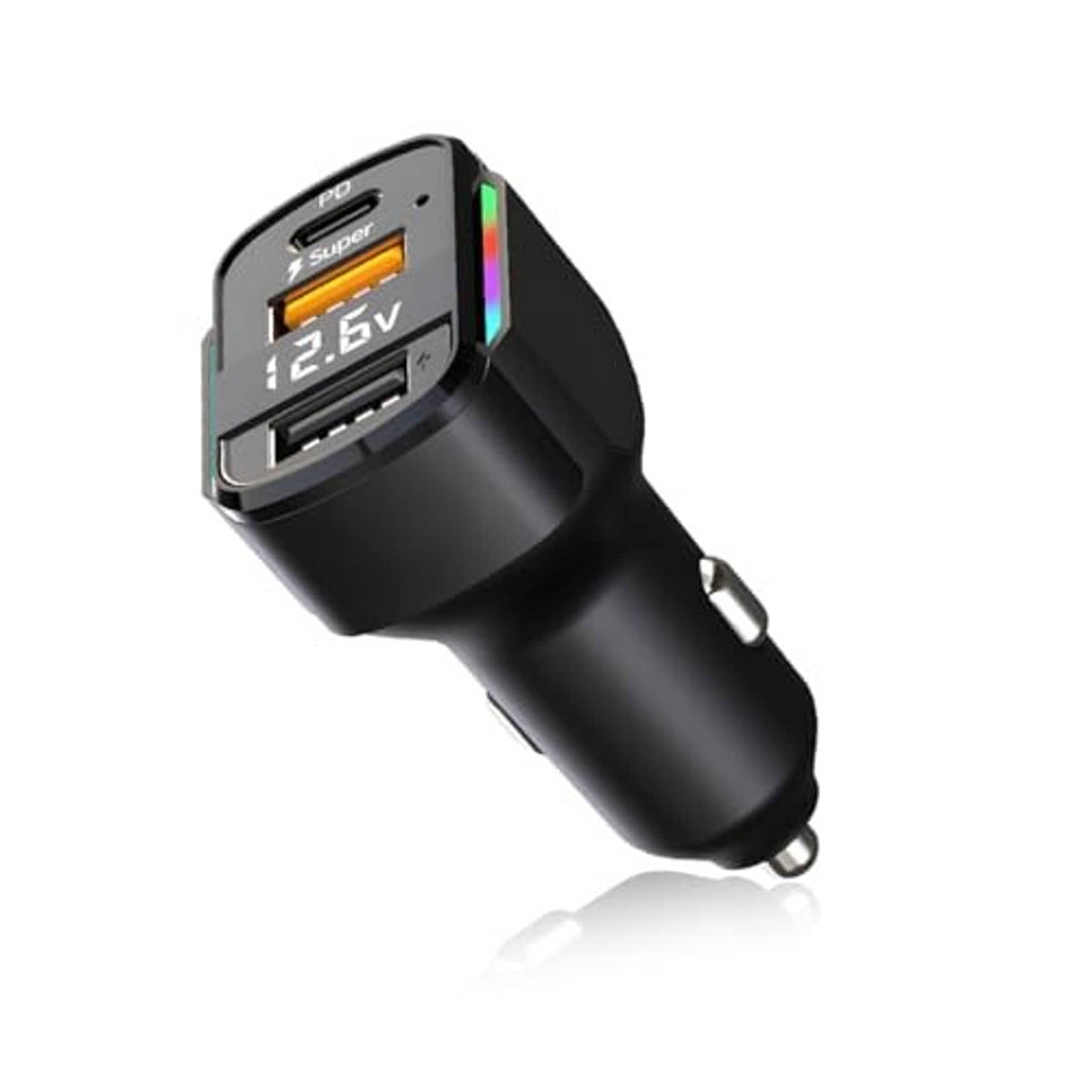 Black 3-port car USB charger with LED panel and plug-in design, showing USB ports