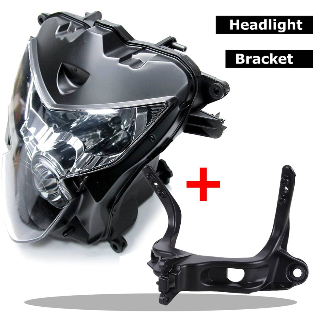 Motorcycle headlight and separate black bracket pieces, clear projector lens