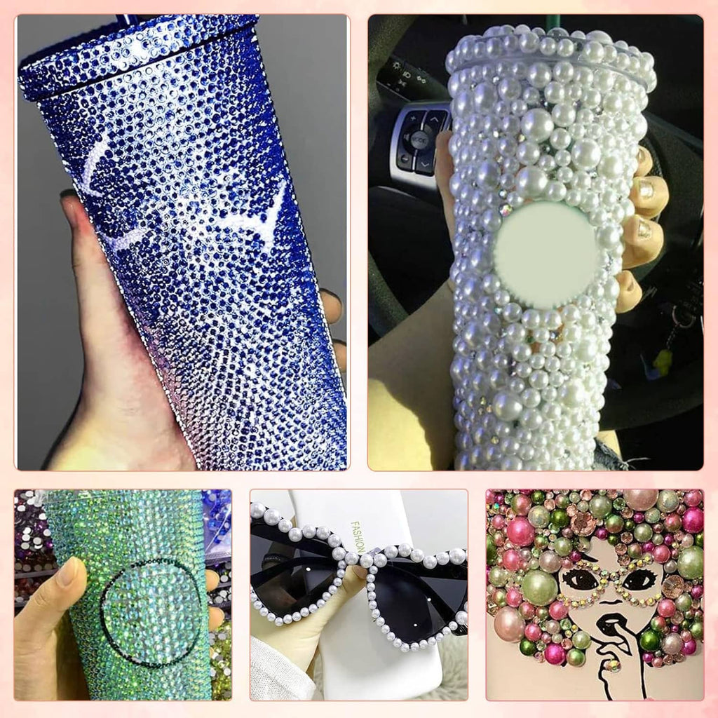 Flatback pearls for DIY craft decorating, shown on fabric and beaded accessories