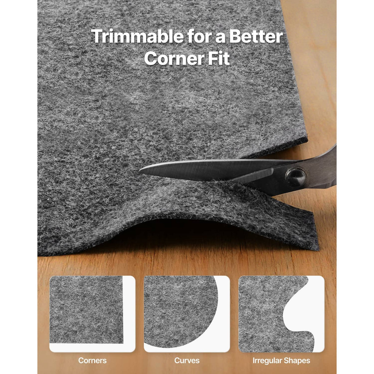 Trim-to-fit rug pad felt sheet with cut edge for corner fitting
