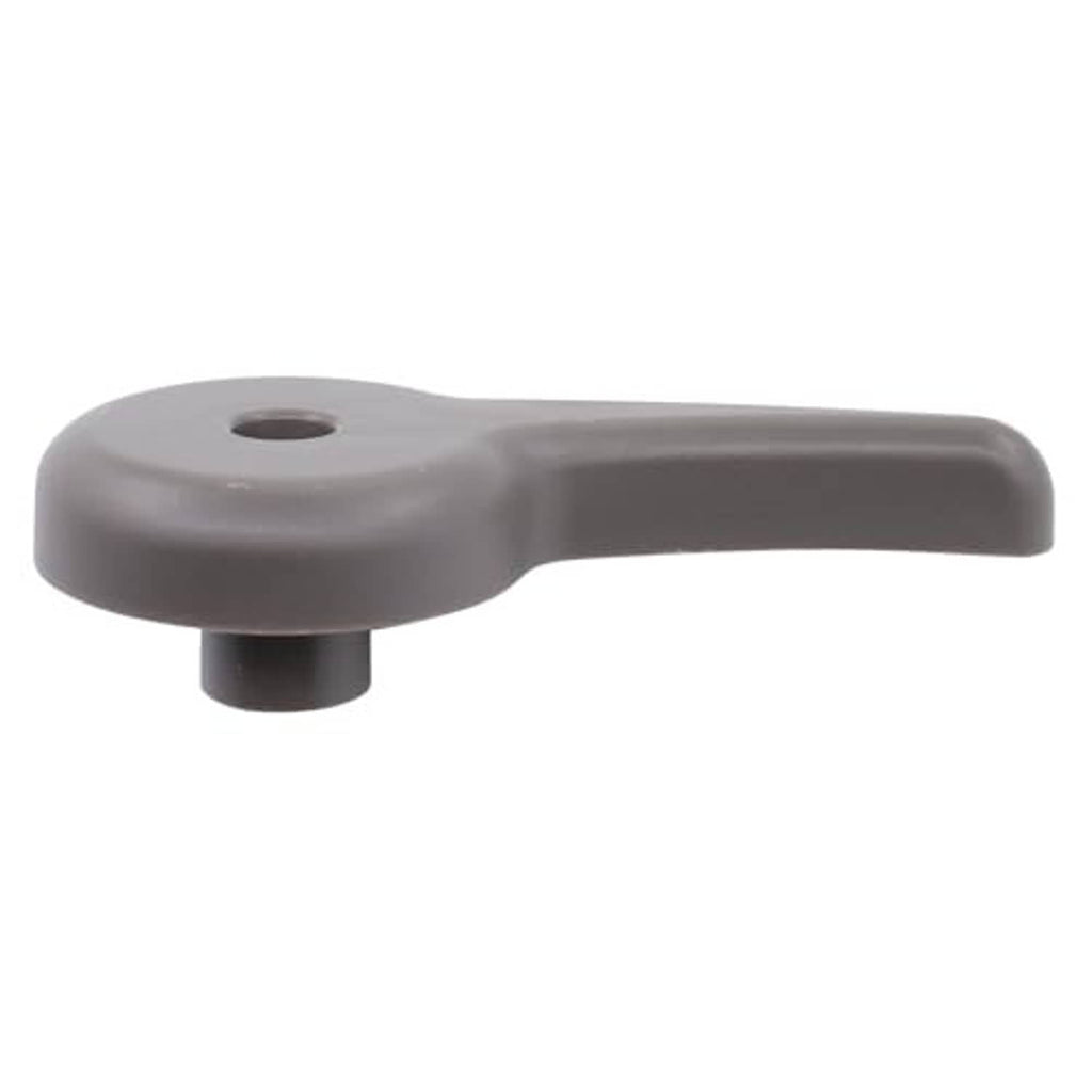 Seat recliner lever handle, dark gray plastic with horizontal base and top hole