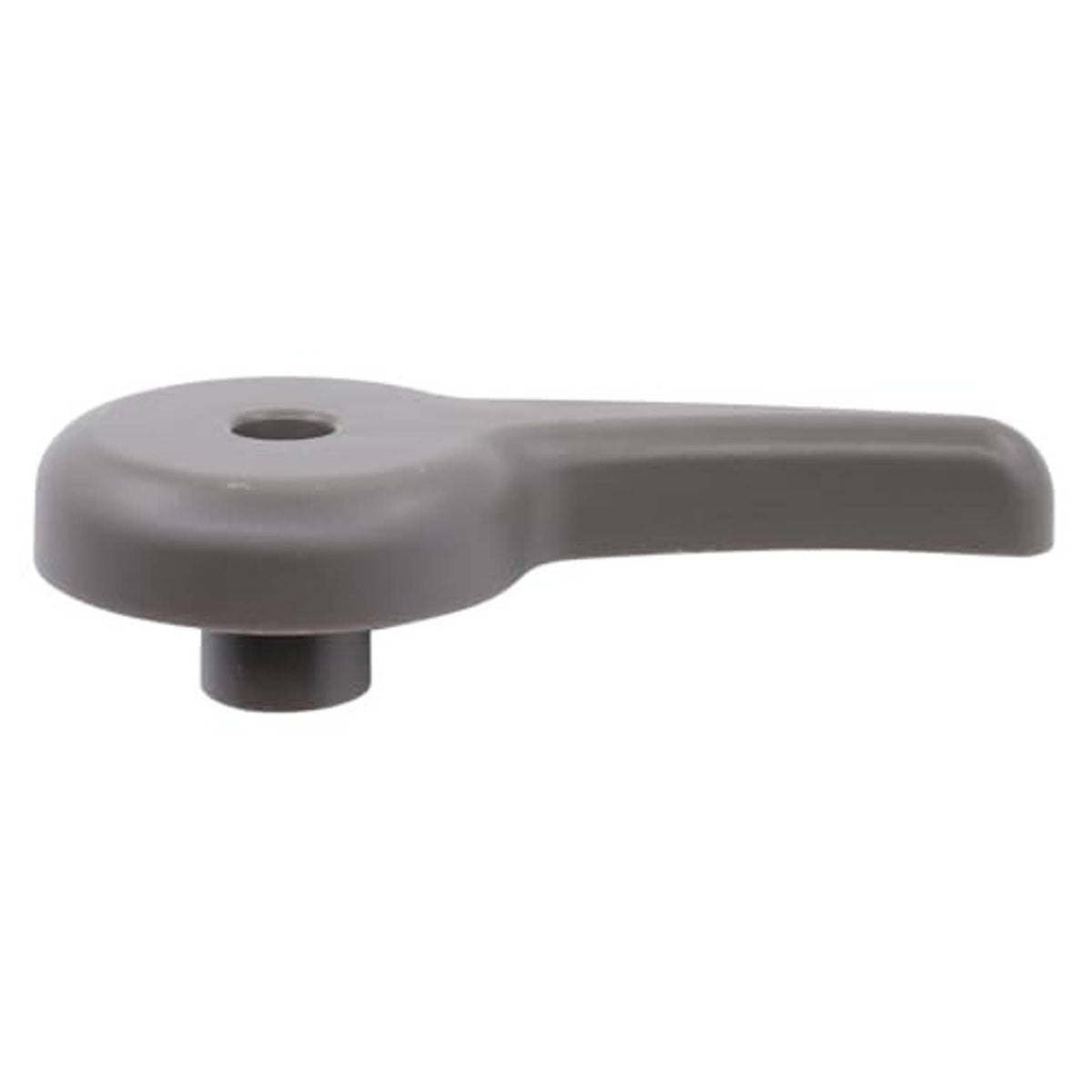 Seat recliner lever handle, dark gray plastic with horizontal base and top hole