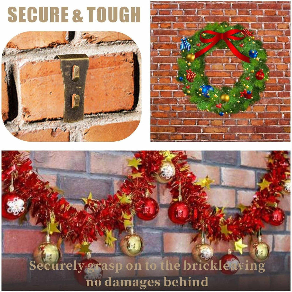 Bronze brick hanger clip attached to brick, supporting a Christmas wreath decoration