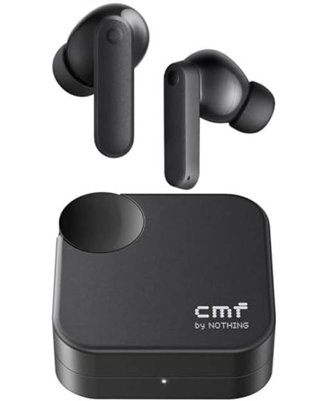 Dark grey wireless earbuds and charging case, front view