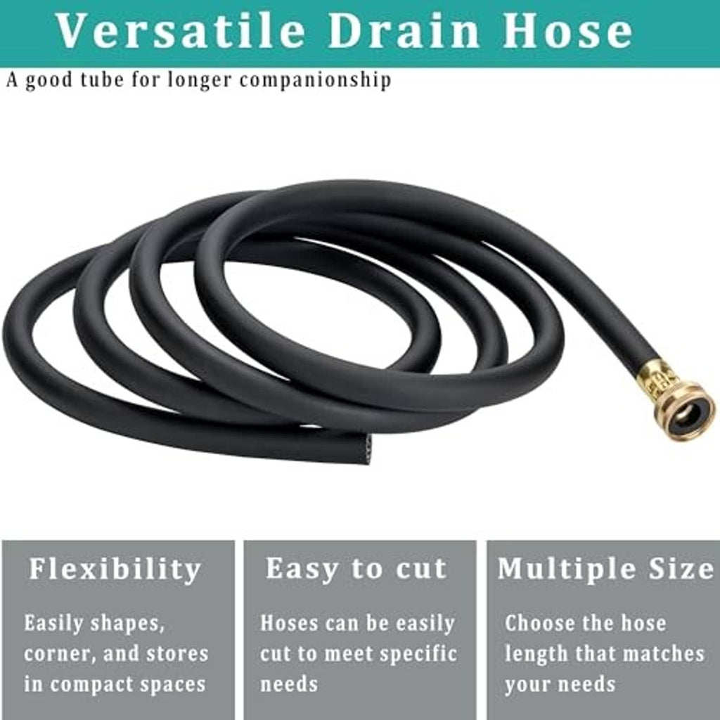 Coiled black drain hose with brass connector end, flexible for custom length
