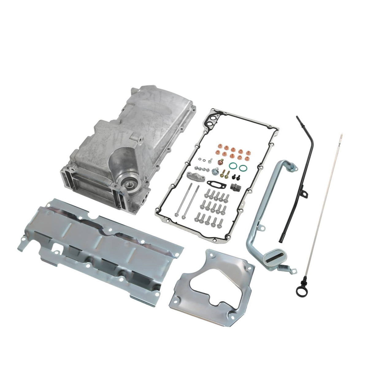 Engine oil pan kit components: aluminum pan, baffle plates, gaskets, bolts and fittings