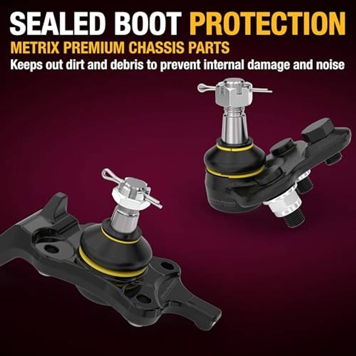 Ball joint set with sealed boots and yellow rings, includes hardware clips
