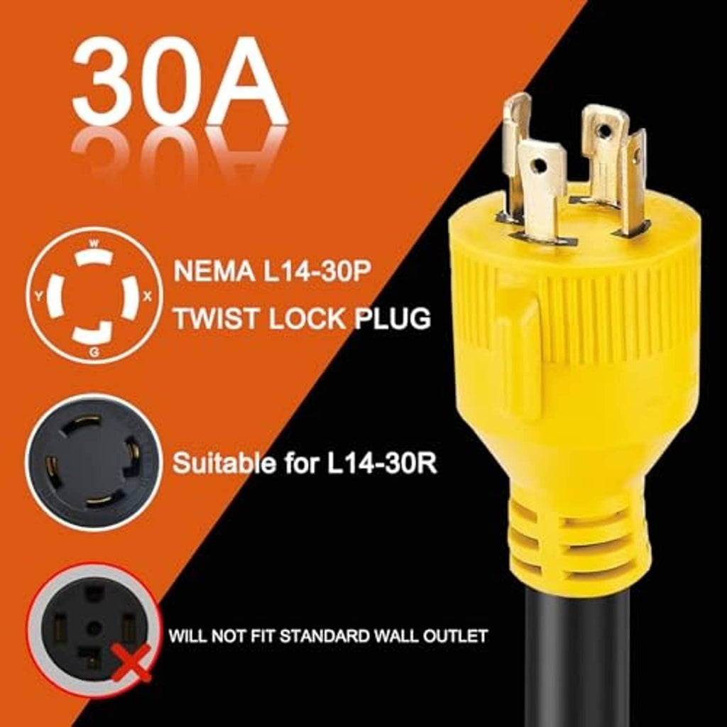 Yellow NEMA L14-30P twist-lock plug on black adapter cord