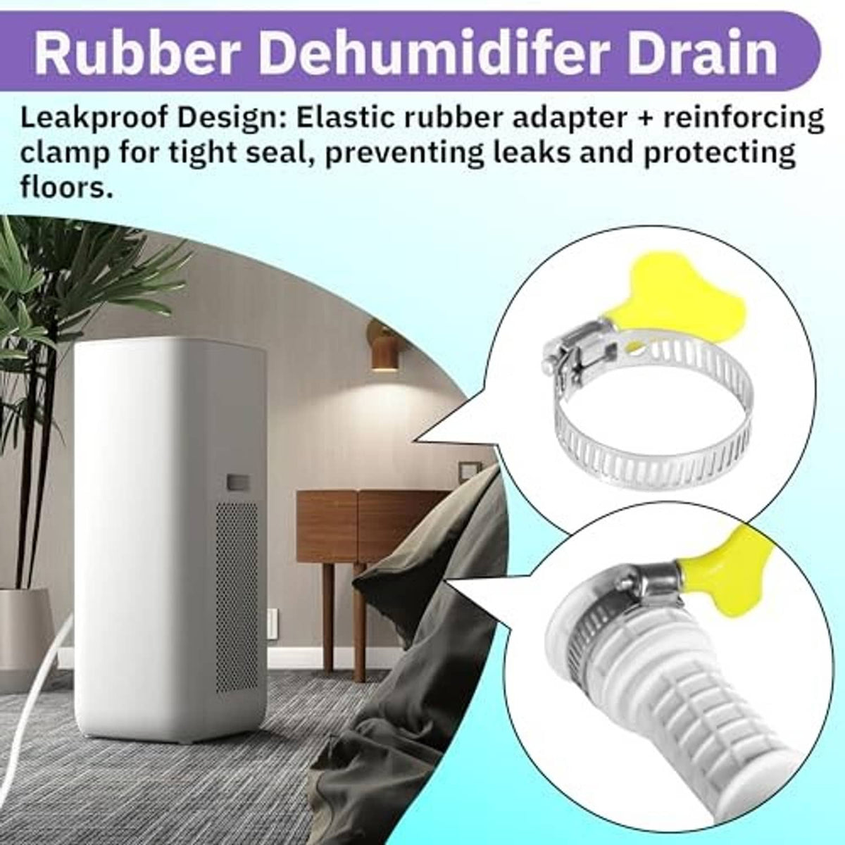 White rubber-style drain hose with fitted adapter and metal clamp