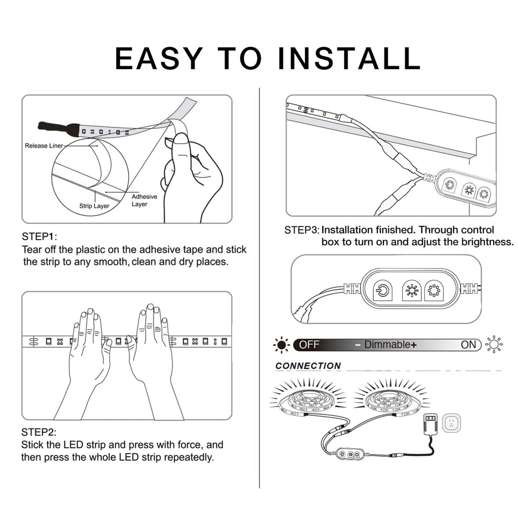 LED strip light installation diagram with adhesive tape and connection cable