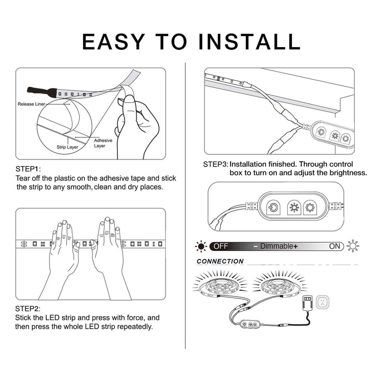 LED strip light installation diagram with adhesive tape and connection cable