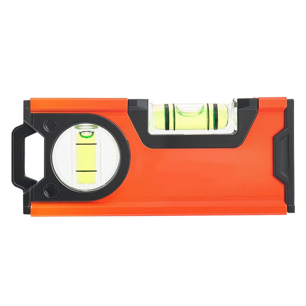 Orange torpedo level tool with two vials and magnetic base, black side grips