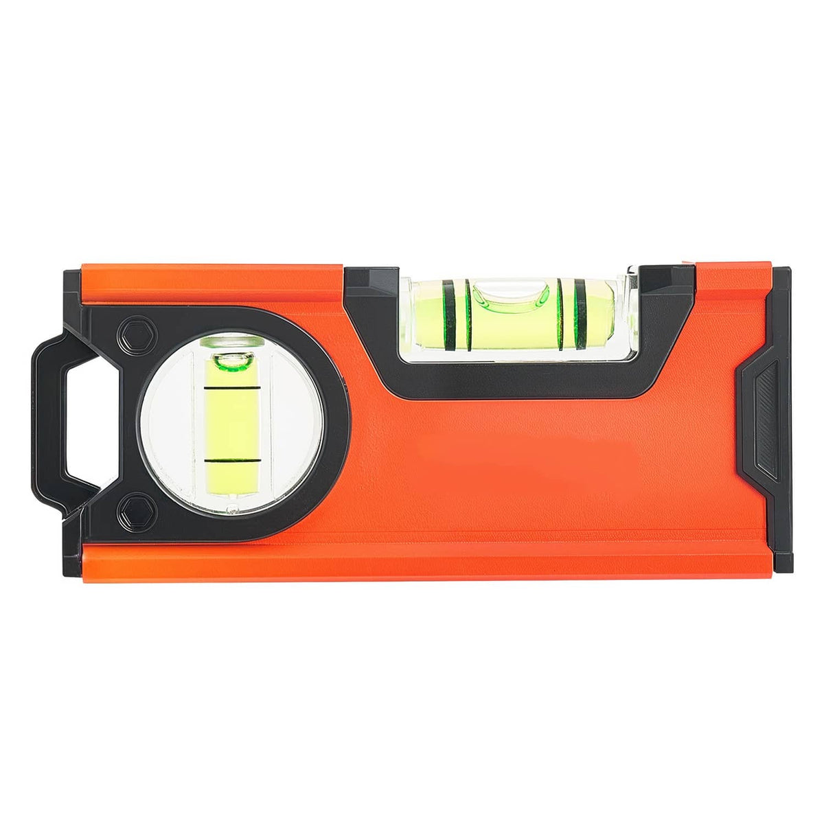 Orange torpedo level tool with two vials and magnetic base, black side grips