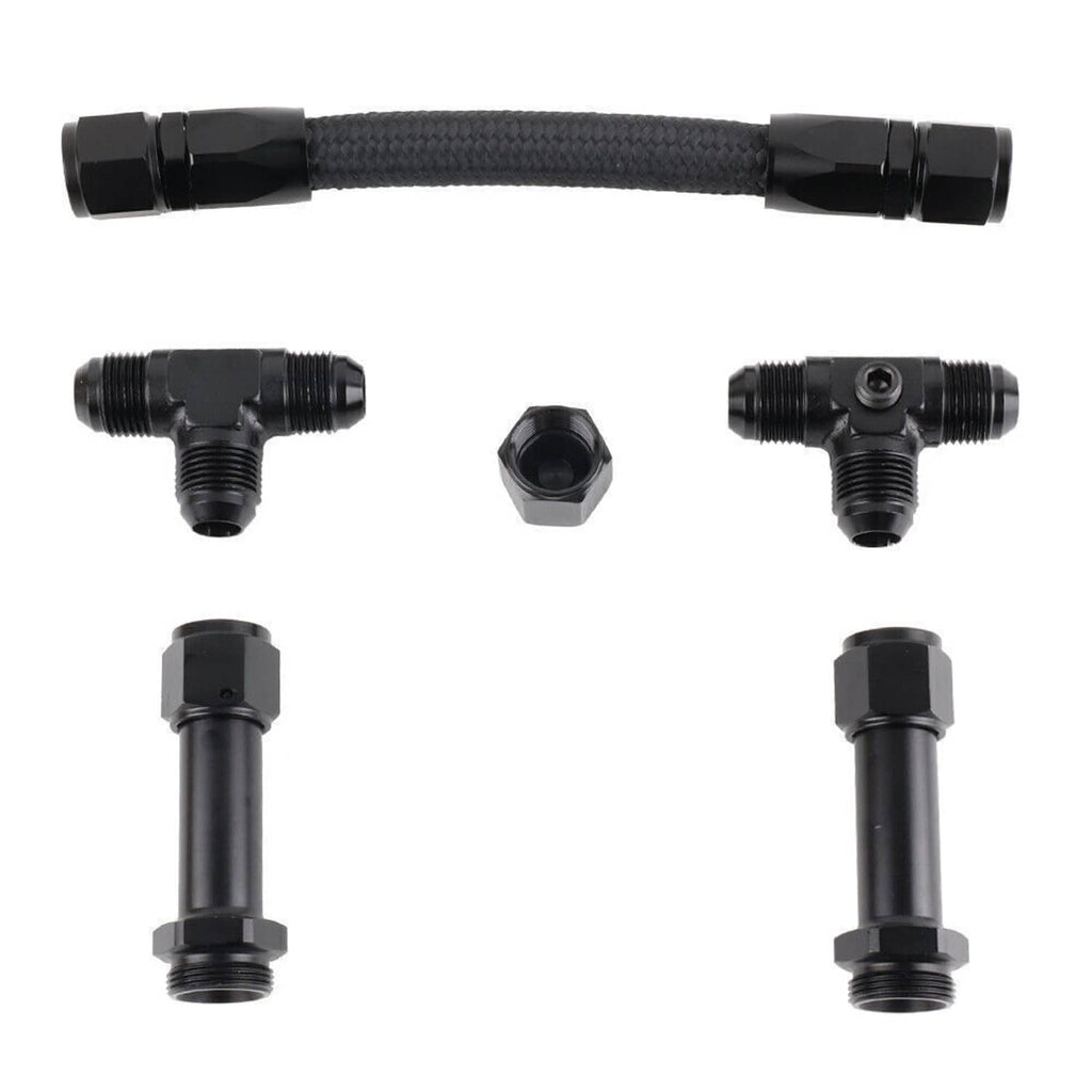 Braided fuel line with multiple black T- and pipe-style AN fittings, straight view