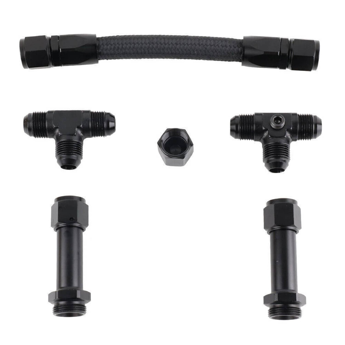 Braided fuel line with multiple black T- and pipe-style AN fittings, straight view