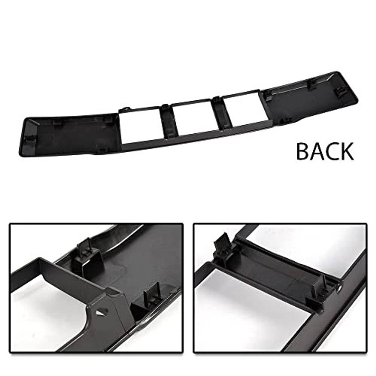 Back of lower grille trim panel with mounting tabs and molded plastic channels