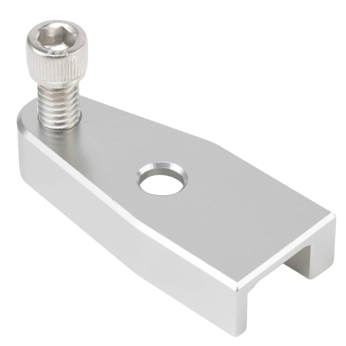 Silver shift linkage bracket with circular mounting hole and chrome bolt