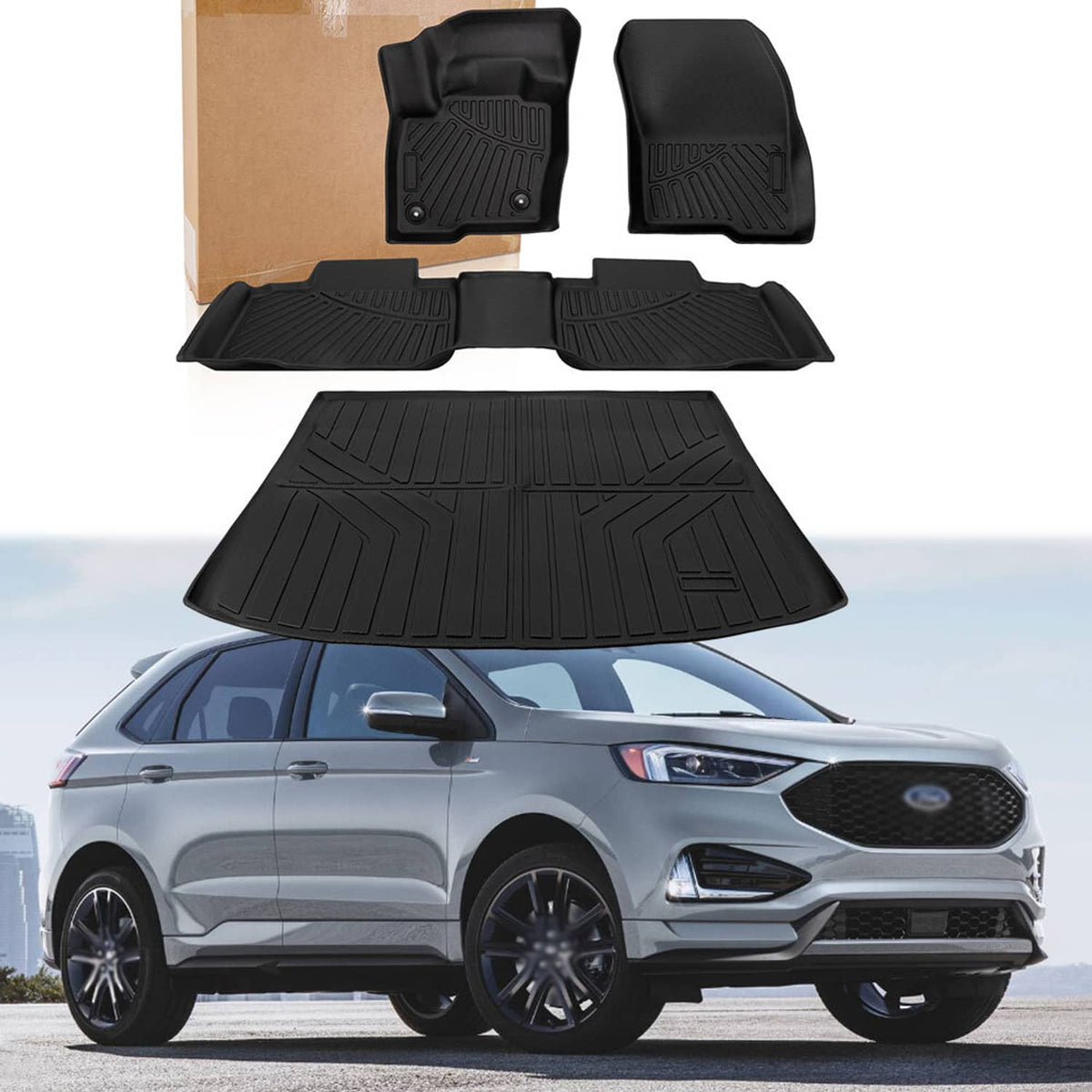 Vehicle floor mat and cargo liner set, black rubber with raised grip channels