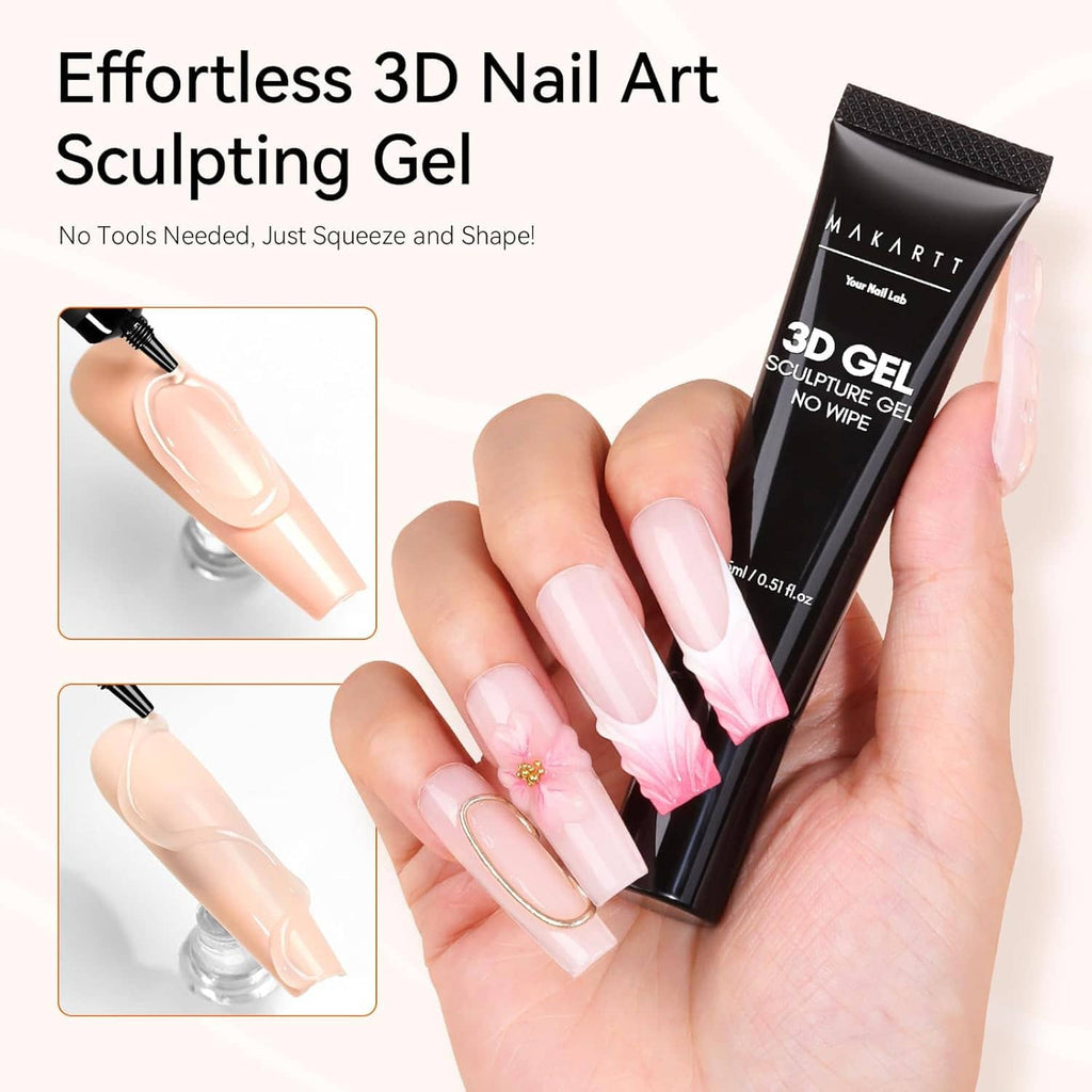 3D gel sculpting glue tube next to nude-pink 3D nail tips with embellishments